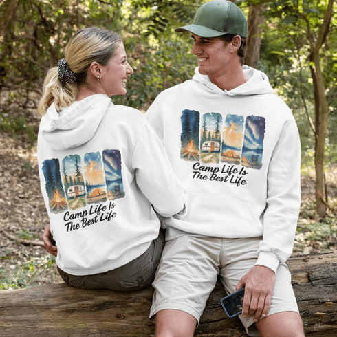 Our Camp Life Is The Best Life Hoodie features four epic camping scenes—from starry skies and crackling fires to cozy tents and scenic trails.